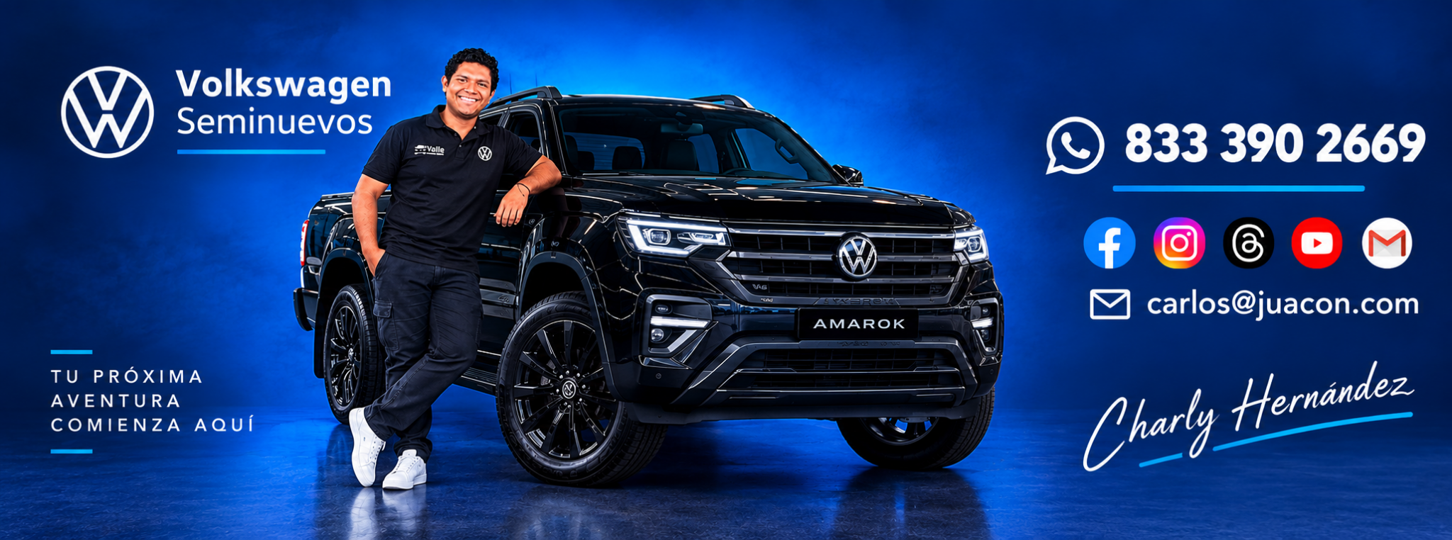 Banner de Charly Hernández con una Volkswagen Amarok y datos de contacto